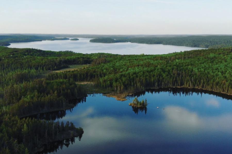 A scenic view of a lake and forest.