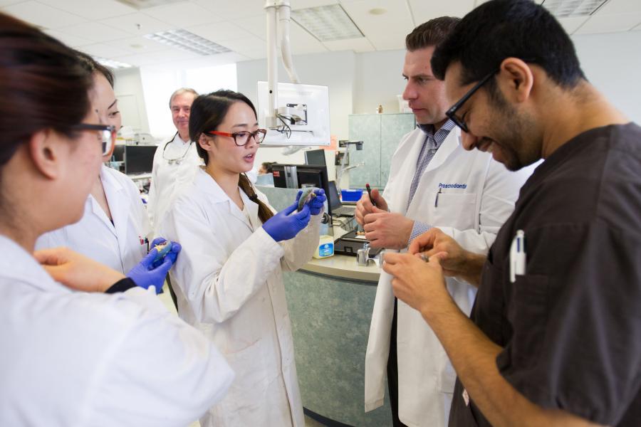 Dentistry students working together in a lab.
