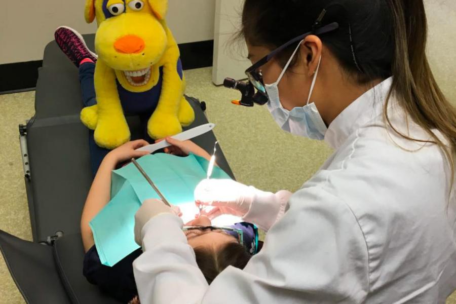 A dentists works with a young patient. 