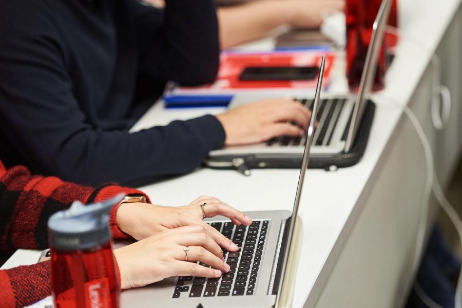 students seated side by side working on laptops.