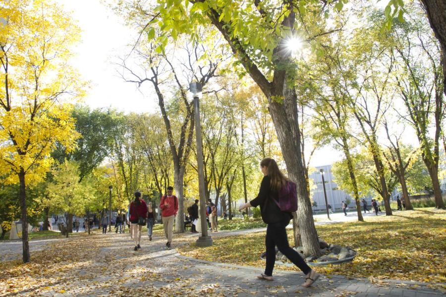 Students walk along a path to and from class outdoors at the University of Manitoba Fort Garry campus.