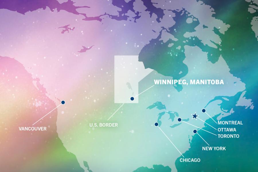 A map of Canada With Winnipeg Manitoba highlighted in the centre, and an image of northern lights in a sky fades in the background.
