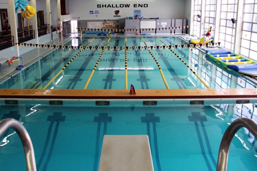 A view of the University of Manitobas six-lane Joyce Fromson pool from the diving board in the pools deep end.