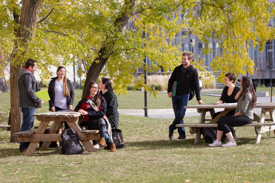 A group of students seated outdoors at two picnic tables.