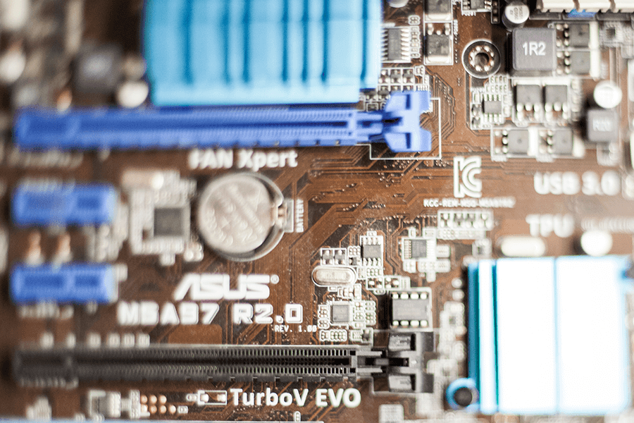 A close up shot of a motherboard.