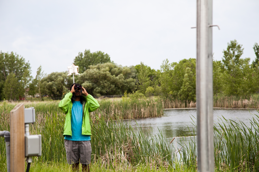 Biological Sciences Field work student with binoculars looking up