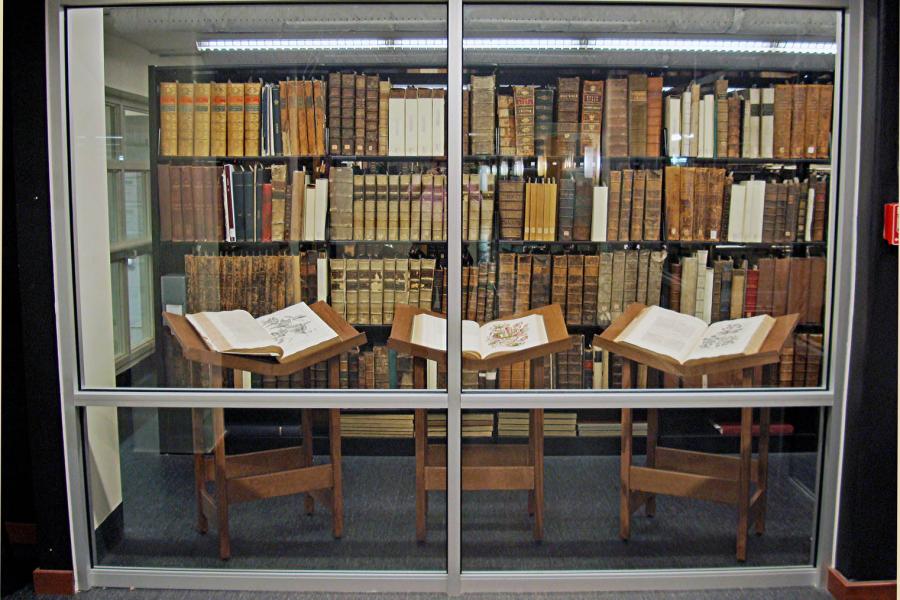 A glass window shows old looking brown book spines on shelves with three books laid out for display in the Elizabeth Dafoe Library.