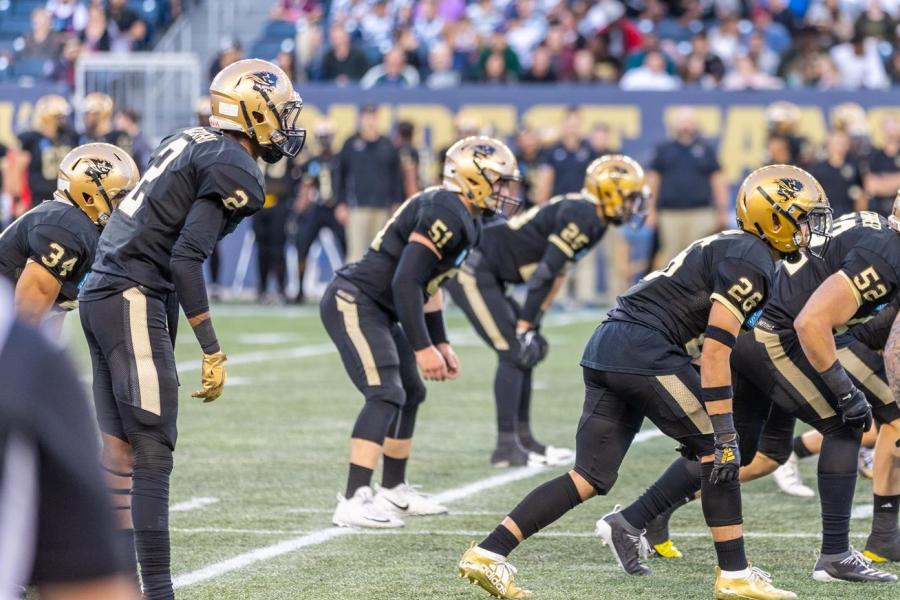 University of Manitoba Bisons football players wearing black and gold uniforms stand ready on the green field of IG Field.