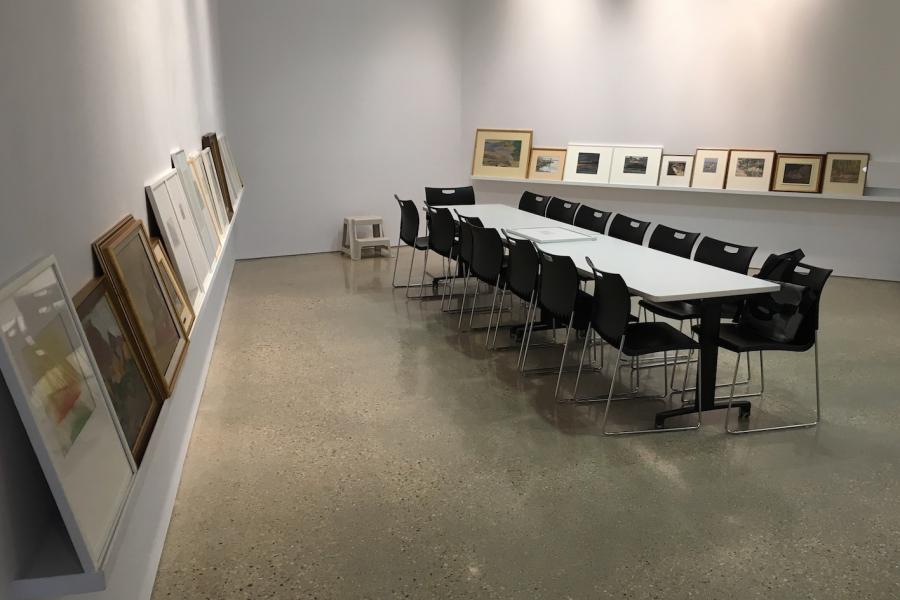 Artworks set up around a seminar room, pulled from the School of Art Gallery collection.