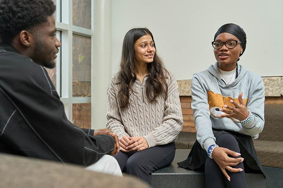 Image of two students discussing options with a mentor. 