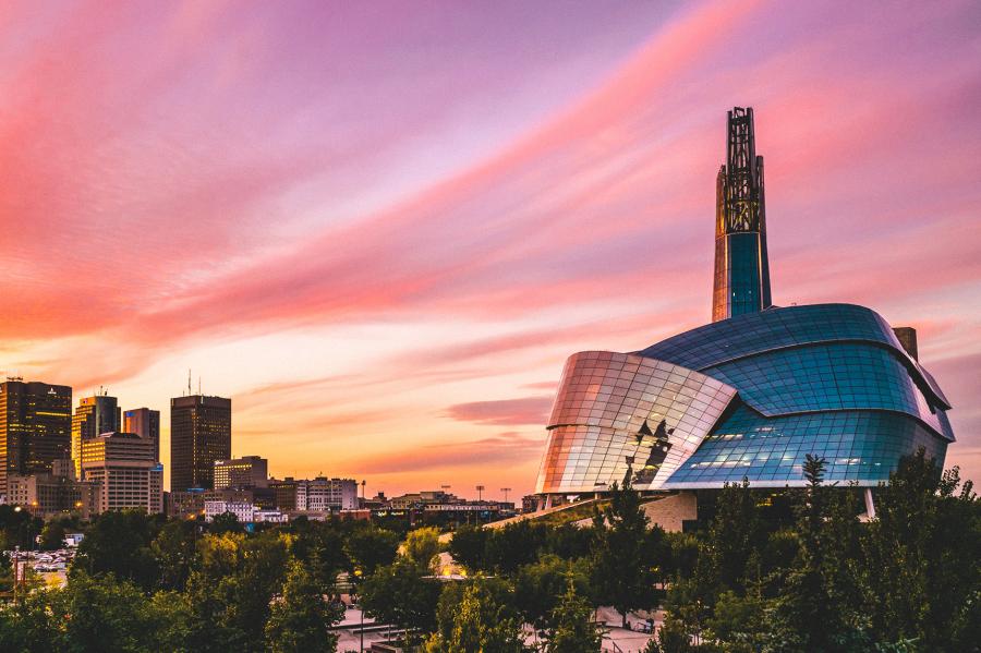 A shot of Winnipeg, where downtown Winnipeg as well as the Human Rights centre can be seen