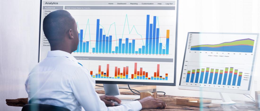 business analyst examining data and charts