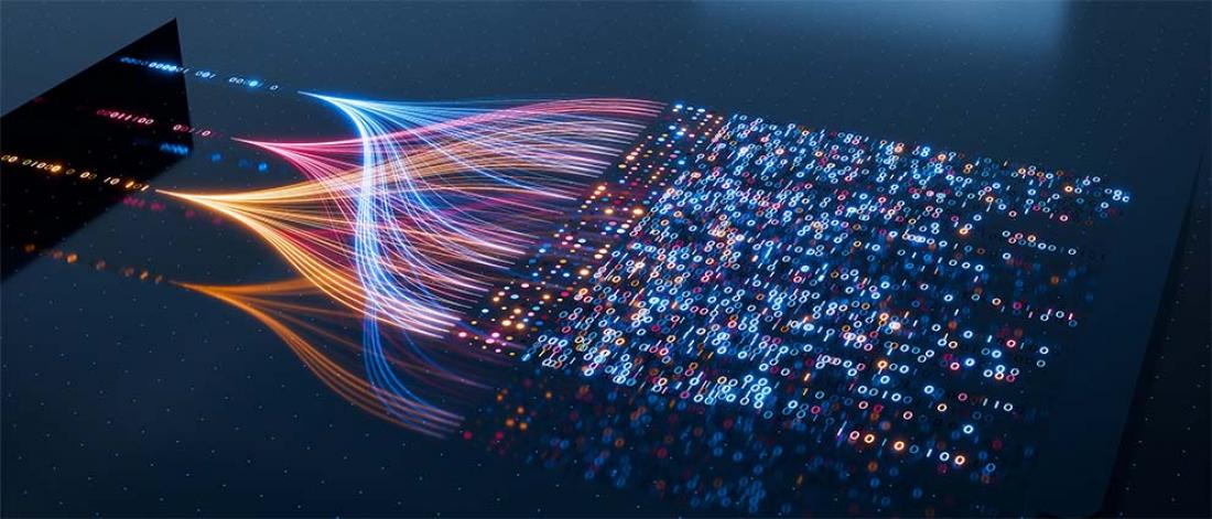 Futuristic digital data visualization concept with flowing lines and binary code, showcasing data analysis and big data technology.