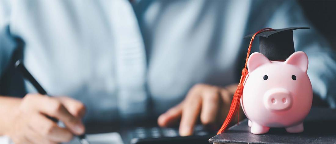 The photo shows a pink piggy bank wearing a graduation cap with a red tassel beside a blurred student using a calculator.