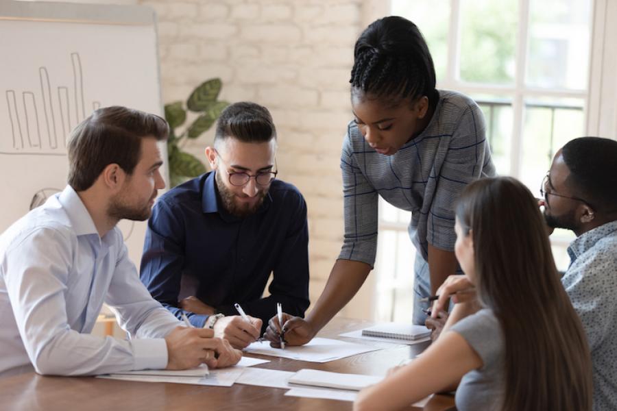 female business analyst presenting report to colleagues