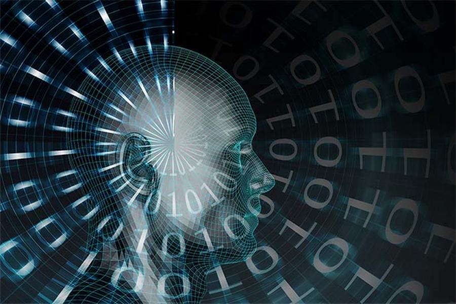 Digital illustration of a head surrounded by flowing binary code, illustrating the connection between human cognition and technology.