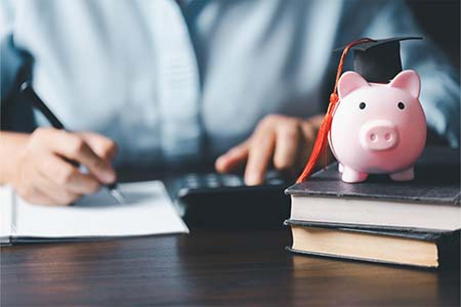 The photo shows a pink piggy bank wearing a graduation cap with a red tassel beside a blurred student using a calculator.