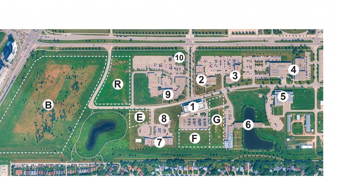 annotated aearial shot of smartpark with building noted