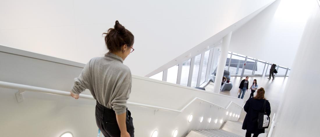 Students walk down stairs in a building.