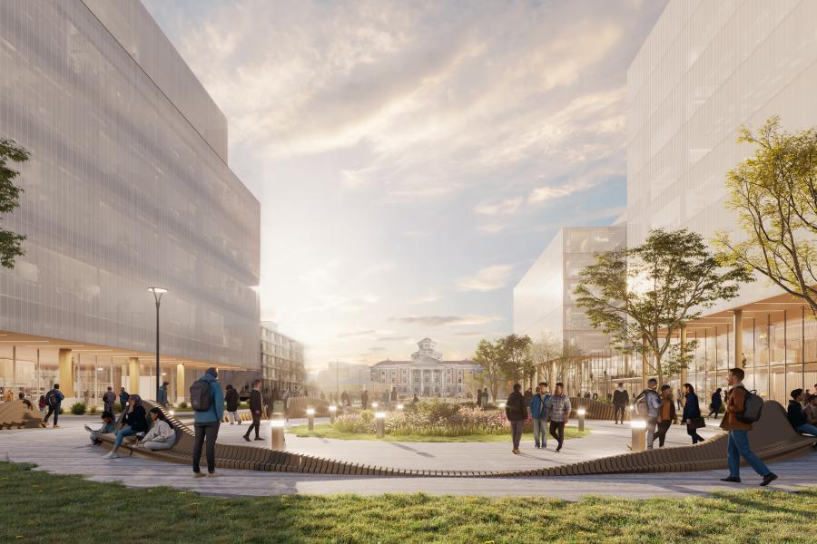 Rendering of the Fort Garry campus with a view looking towards the Administration Building.