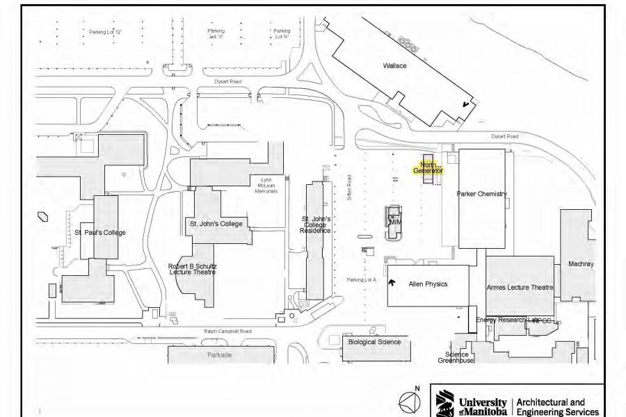 campus map line drawn showing generator near parker chemistry building on west side north end