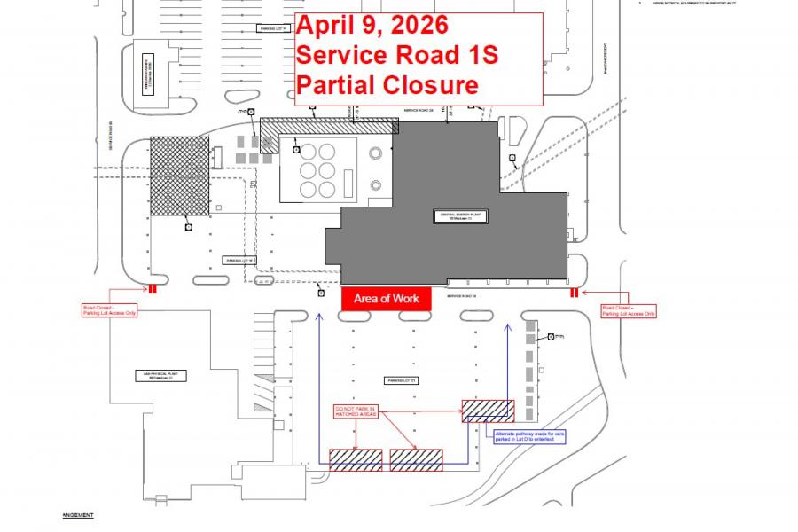 map of parking lot between physical plan and agriculture buildings marking area affected by closure