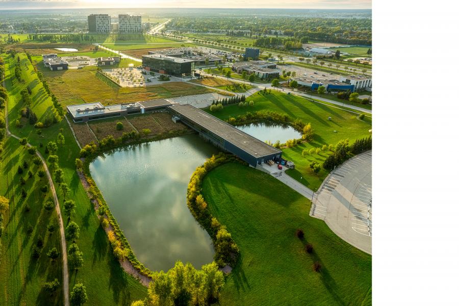 Aerial of building 150 over pond