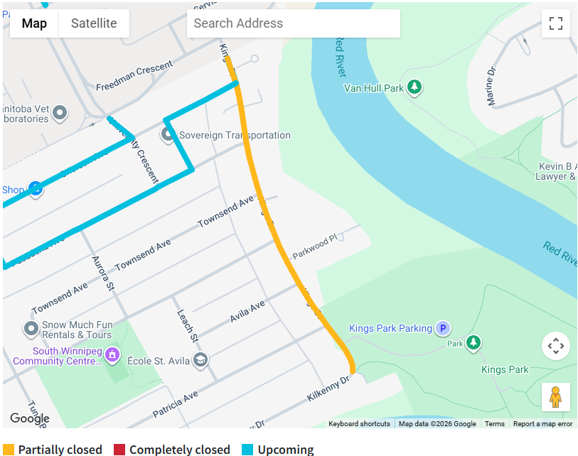google map showing kings drive partially closed from freedman crescent to kilkenny