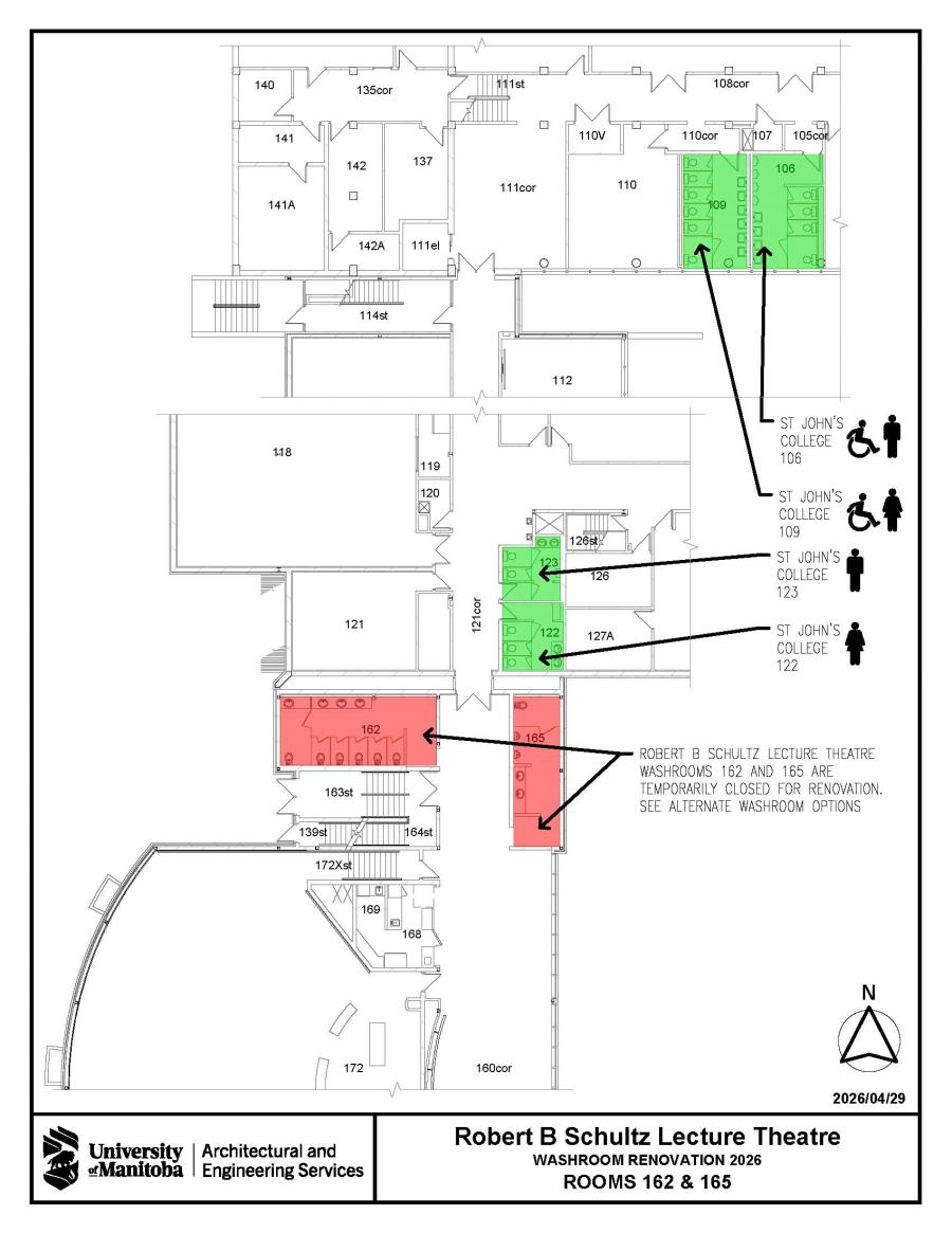 Annoted illstration of intern building mpa for St john College and  Robert B Shultz Lecture theatre showing washromm closures