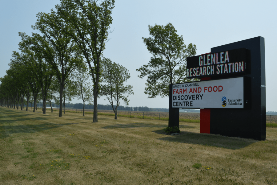 A digital sign at the entrance of the Farm and Food Discovery Centre indicates the facility is closed temporarily. 