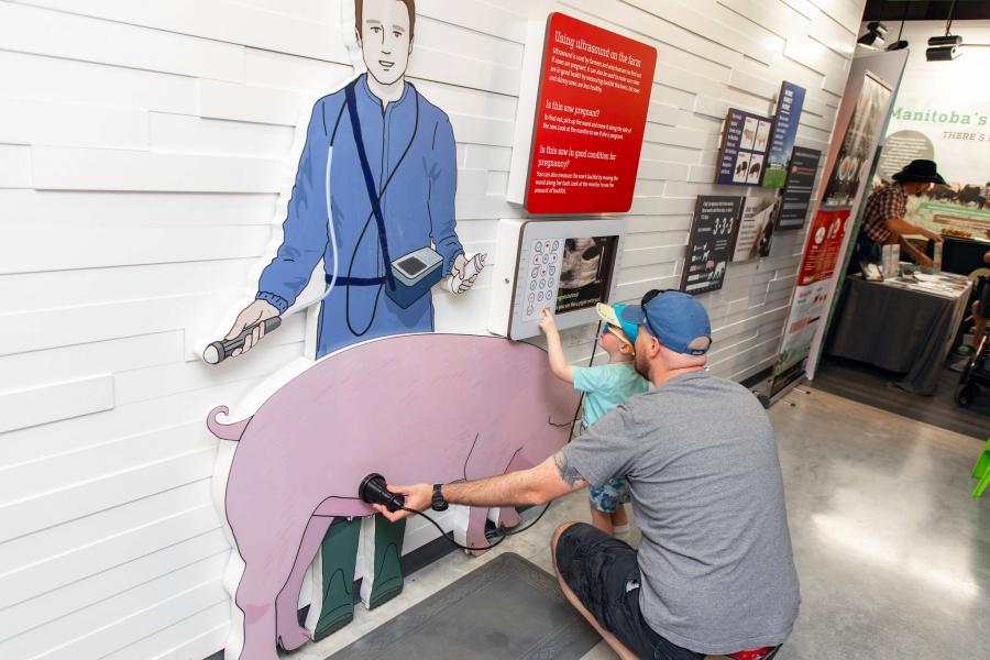 Dad and child check the health of a pig through the display