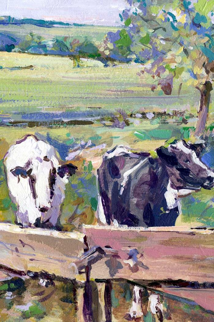 Painting of two cows standing behind a wooden fence, with a tree slightly behind them and lush green fields behind them. 