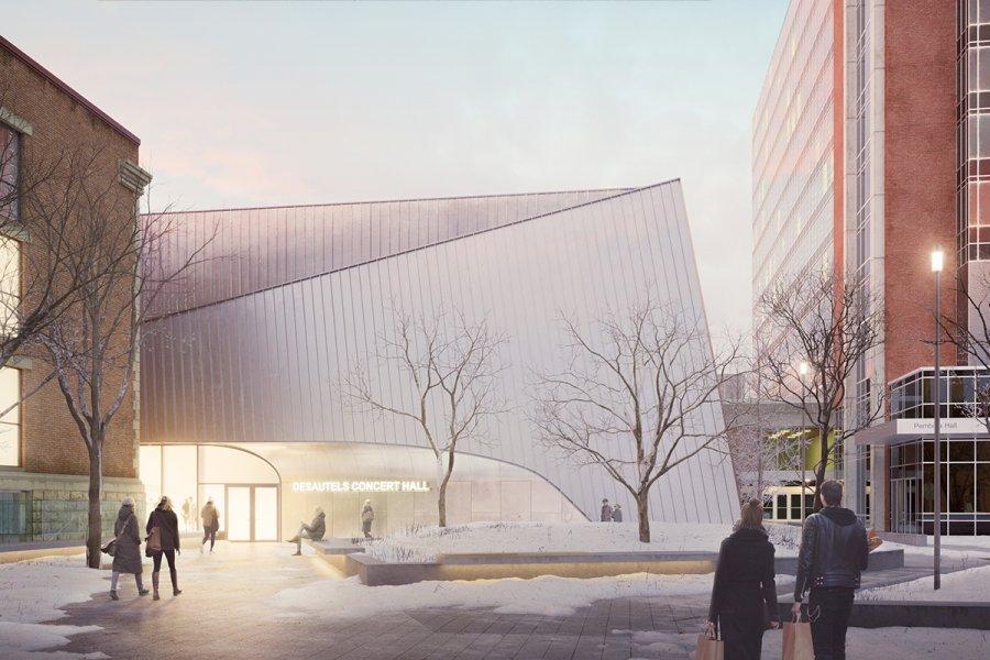  Digital rendering of Desuatels concert hall exterior in winter.