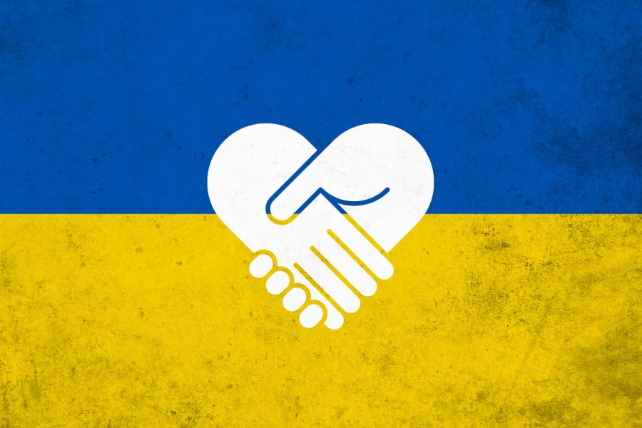 Ukrainian flag with holding hands icon.