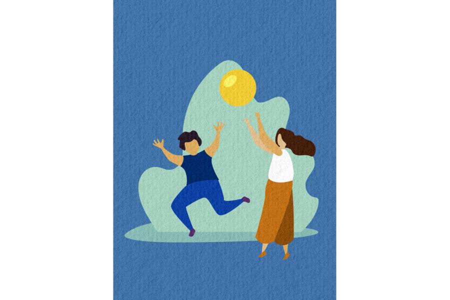 Illustration in a simple and flat style of a woman with long hair tossing a ball to a jumping child in front of a bush.
