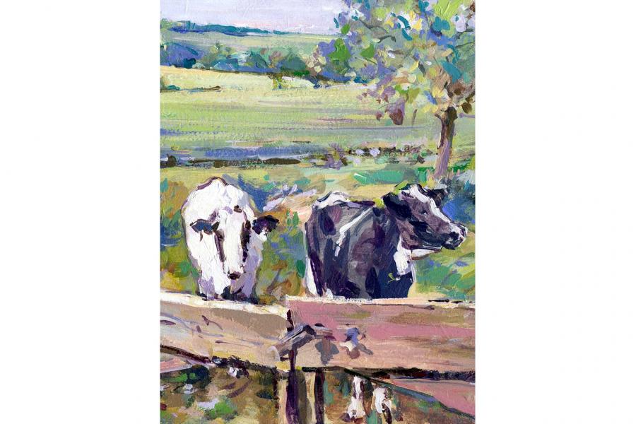 Painting of two cows standing behind a wooden fence, with a tree slightly behind them and lush green fields behind them. 