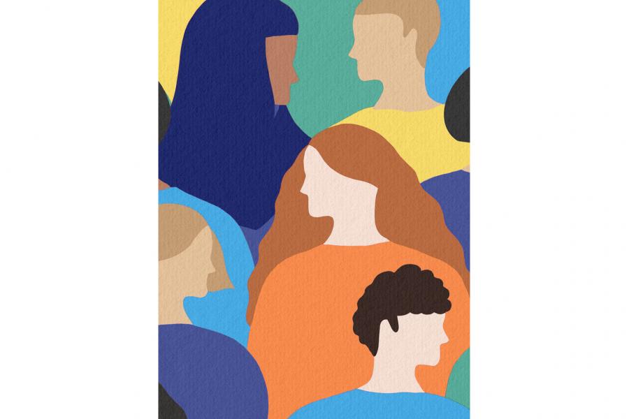 Illustration in a simple flat style of side profiles of people mixed both in gender and race in a collage.