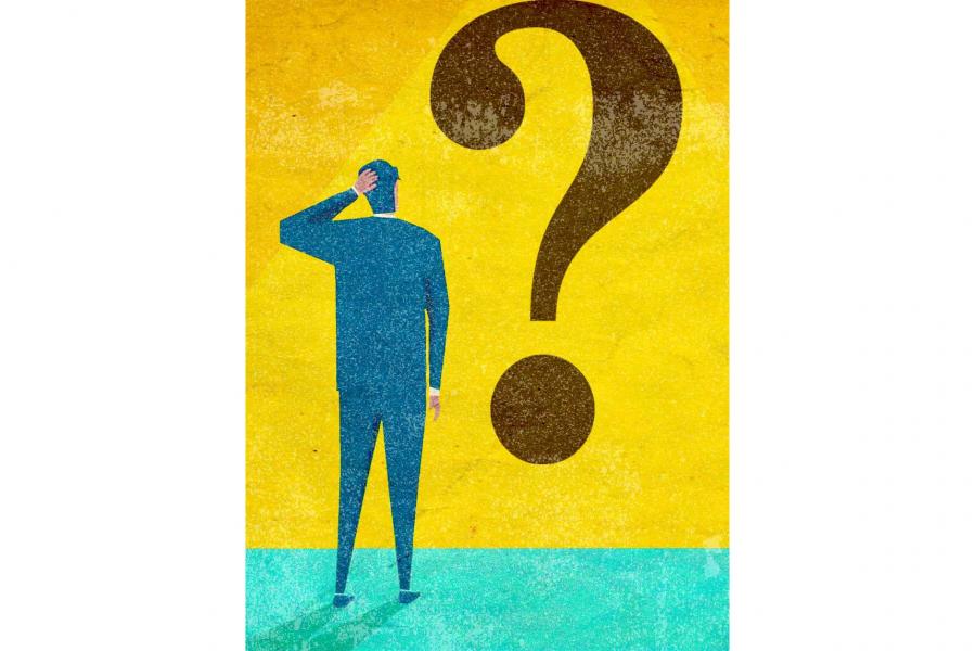 A gritty visually textured simple and flat illustration of a man in a suit. One arm is up and holding back of their head, as he is facing back towards a large brown question mark against the yellow background.