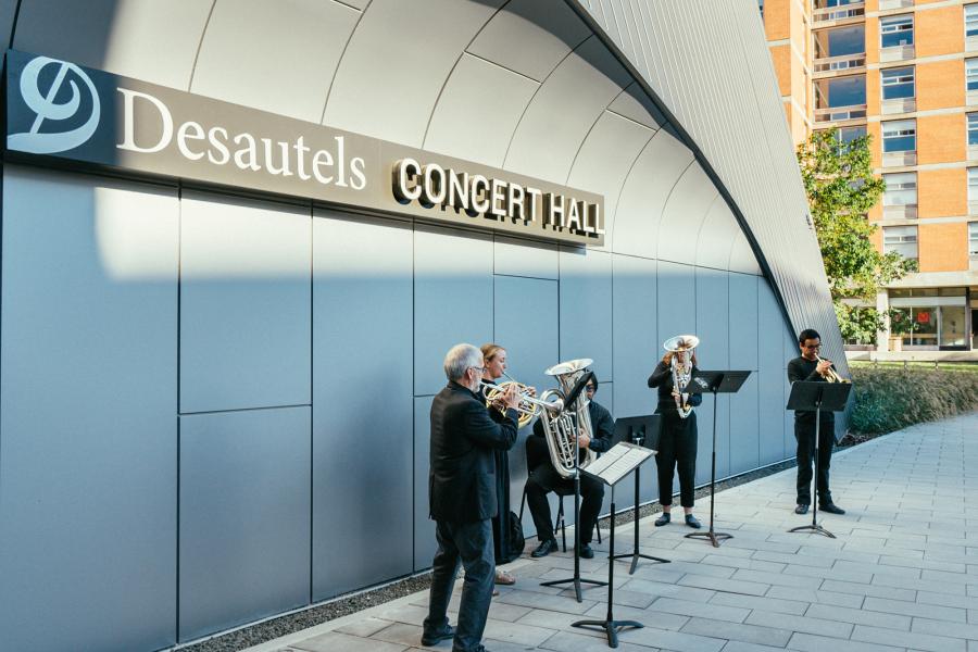 musicians playing outside the Desautels Concert Hall