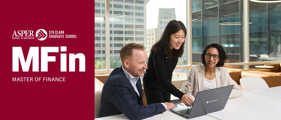 MFin banner with group of three people looking at a laptop screen.