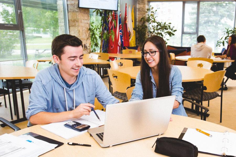 An image of two students joyfully consulting over some notes and a laptop.