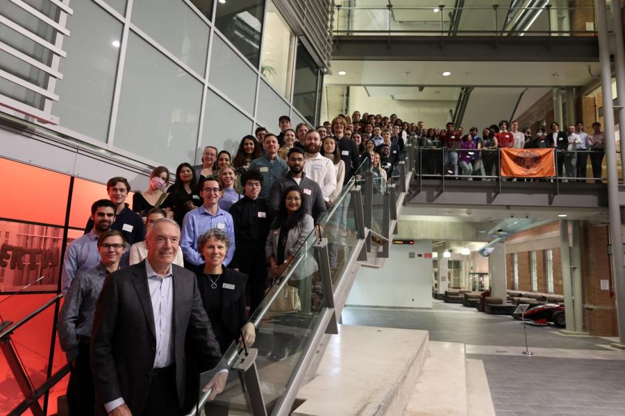 Students lined up the stairs with Gerry Price standing out the bottom.