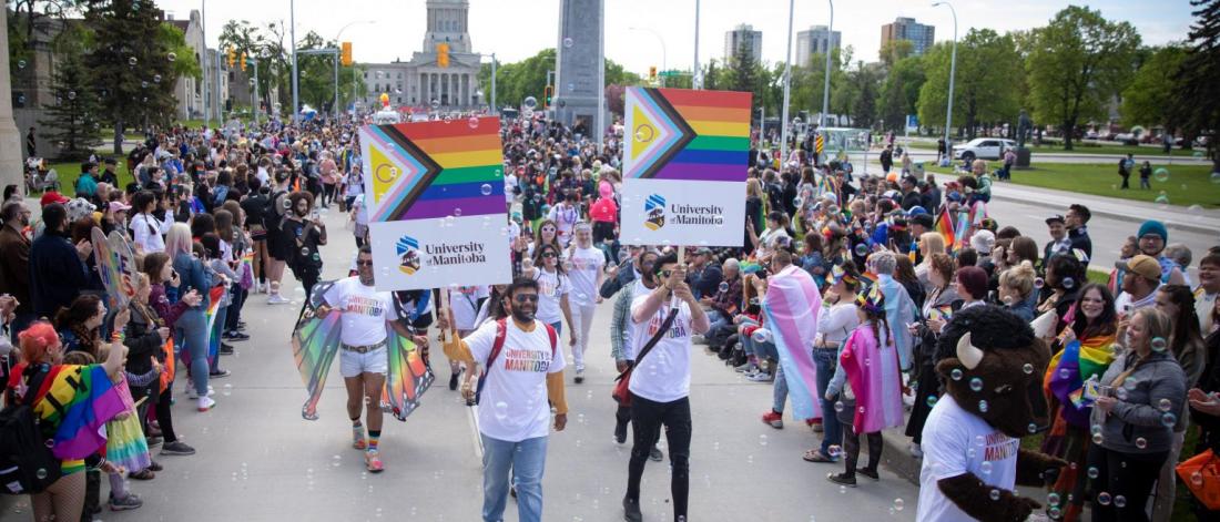 People watching a Pride celebration parade.