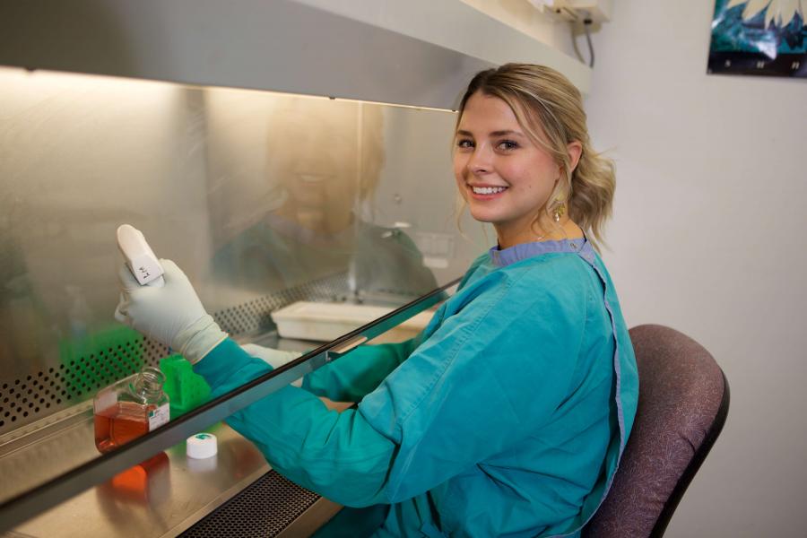 Researcher working with a pipette.