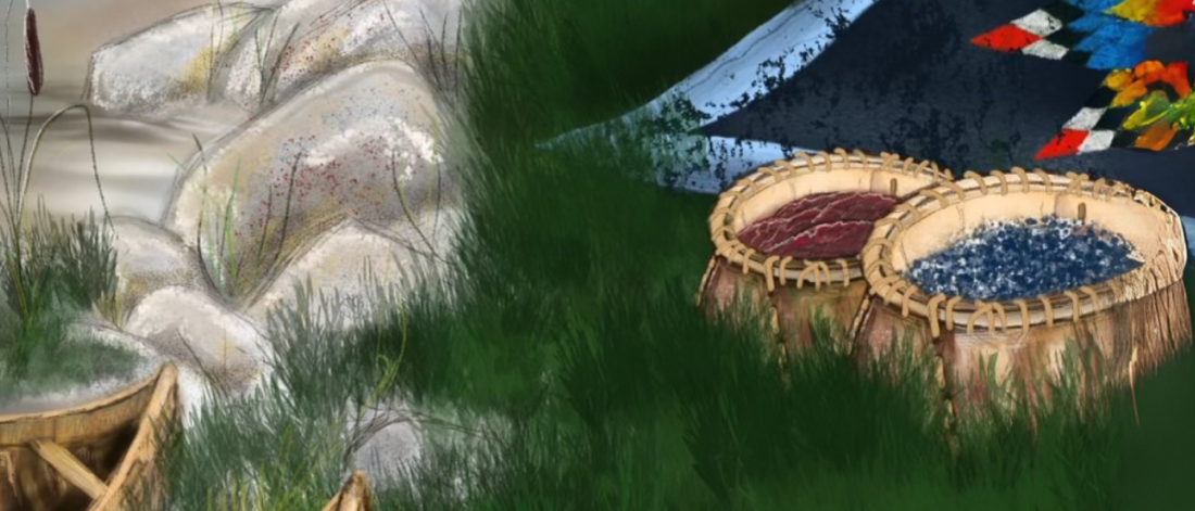 Illustration from the WIGW project showing a riverside scene with stones, grass, and woven baskets filled with berries and meat beside a quilt.
