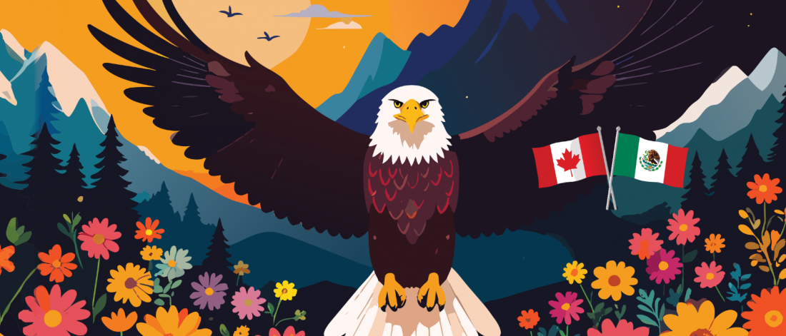 A bald eagle with outstretched wings over mountains and wildflowers, with Canadian and Mexican flags.