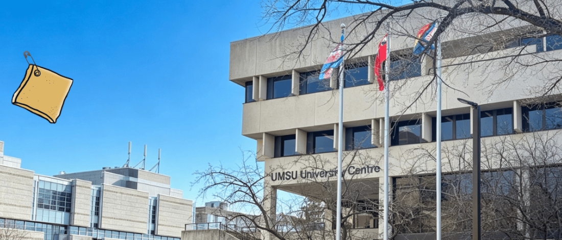 UMSU University Centre building on campus with flags and a clear blue sky.