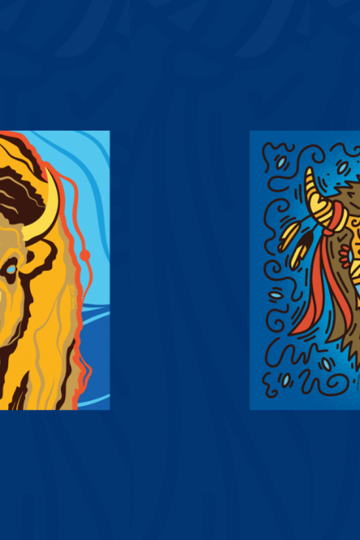 Two Indigenous-designed bison illustrations on a blue background.