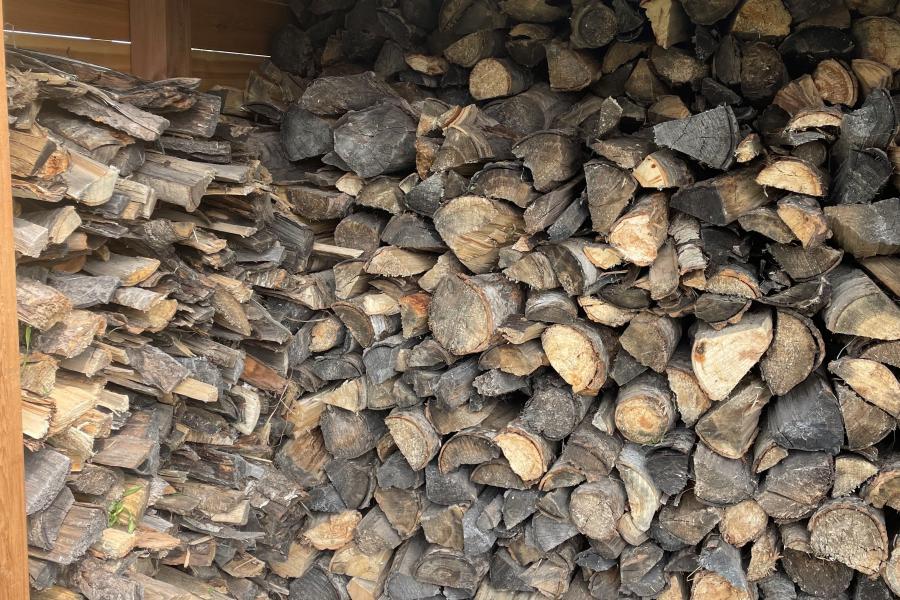 Stacks of firewood inside a wooden shed