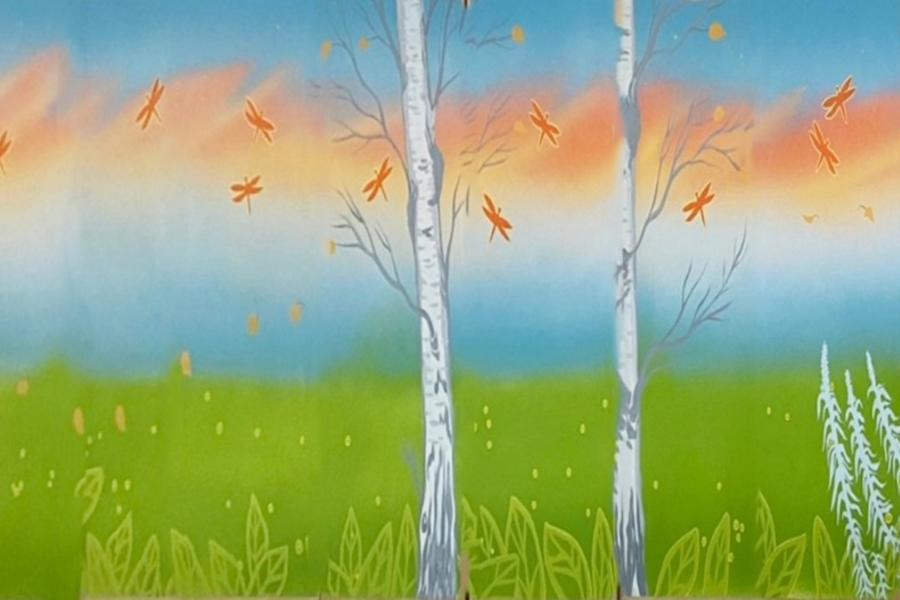 artwork of a blue sky, green grass and white trees